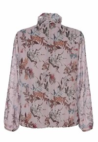 Giacca leggera rosa floreale con maniche lunghe, colletto arricciato, caratterizzata da vari motivi botanici e un orlo cinchato.