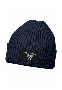 Navy blue ribbed knit beanie with folded cuff featuring a black patch labeled “valhalla” above crossed Viking axes.