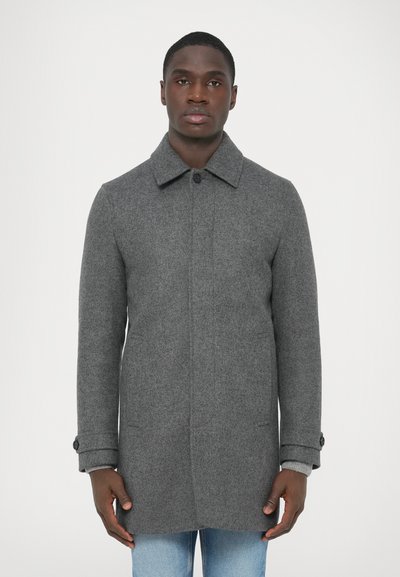 Gray wool coat with a collared neckline, front button closure, side pockets, and cuff detailing. Smooth texture with a tailored fit.