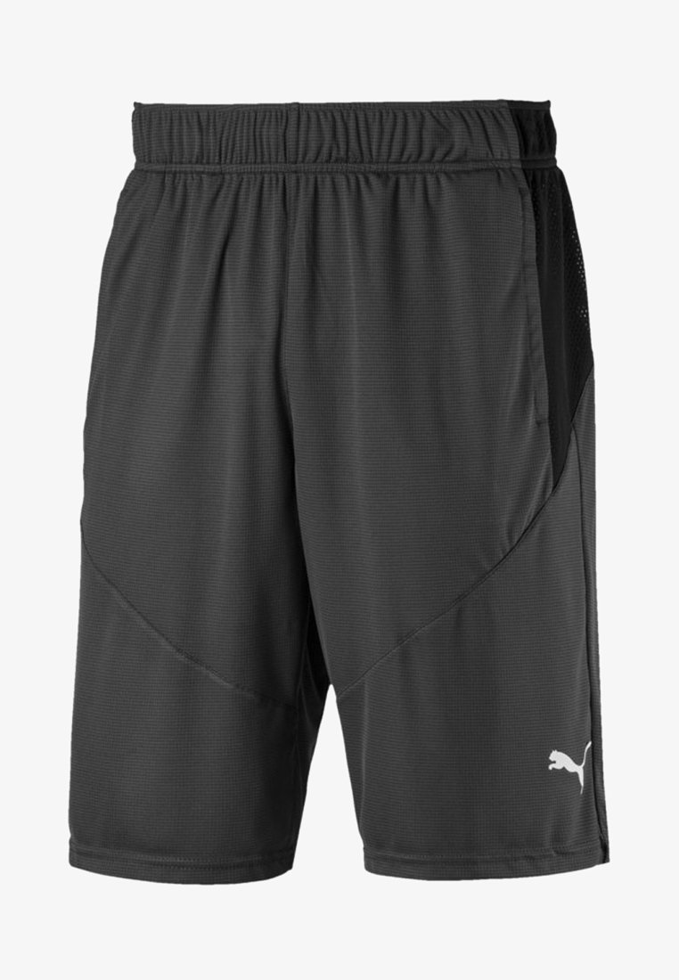 Černé sportovní šortky s texturovaným materiálem, elastickým pasem a síťovými bočními panely. Obsahují malé bílé logo v dolním pravém rohu.
