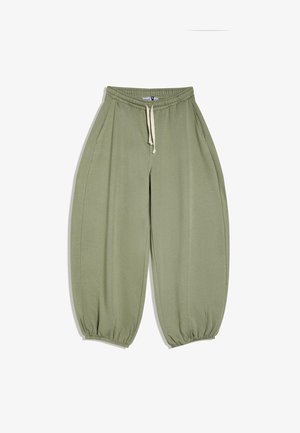 Loose-fit olive green sweatpants with elastic waistband and white drawstring, side pockets, and elastic cuffs at ankles.
