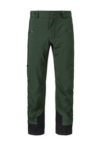 Grüne Outdoor-Hosen mit geradem Schnitt, ausgestattet mit zwei Reißverschlusstaschen und schwarzen Akzenten an den Knöcheln. Hergestellt aus einem robusten Stoff.