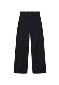Pantalones negros de pierna ancha con lazos para cinturón, cierre de botón frontal y cintura alta, mostrados sobre un fondo blanco.