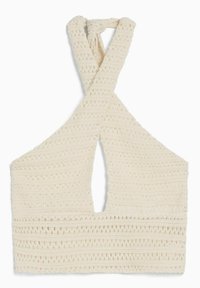 Bezrękawnik na szydełku w jasnobeżowym kolorze, z odkrytymi plecami i krzyżującymi się ramiączkami. Ozdobiony poziomymi paskami i detalami z otwartym splotem.
