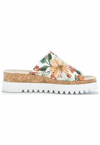 Kwiatowe klapki z wzorzystą cholewką, korkową podeszwą pośrednią i białą gumową podeszwą z nadrukiem w zygzaki.