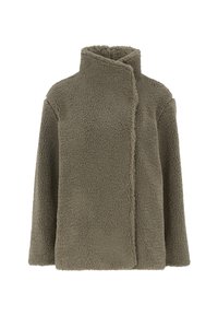 Taupe-värinen, pitkähihainen sherpa-takki, jossa on korkea kaulus ja epäsymmetrinen etulukitus, esitellään valkoista taustaa vasten.