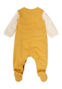 Mono de punto amarillo con mangas largas gris claro, escote redondeado, diseño con pies y sutil textura a lo largo de la tela.