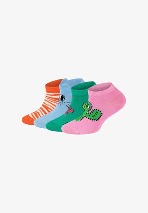 Set aus vier Knöchelsocken: orange, hellblau mit einem Grafikdruck, grün mit einem Muster und pink mit einem Design. Aus Baumwollmaterial. Dehnbare Textur.