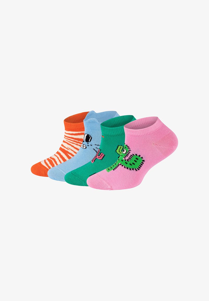 Set di quattro calzini alla caviglia: arancione, azzurro chiaro con una grafica, verde con un motivo e rosa con un design. Materiale in cotone. Tessuto elasticizzato.