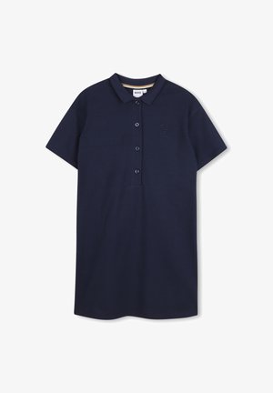Robe polo bleu marine à manches courtes avec col, quatre boutons à l'avant et logo en relief discret sur le côté gauche de la poitrine.