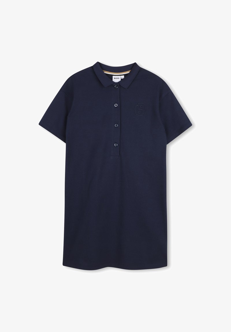 Robe polo bleu marine à manches courtes avec col, quatre boutons à l'avant et logo en relief discret sur le côté gauche de la poitrine.