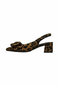 Leopardprint slingback schoen in bruin- en zwarttinten met een spitse neus, blokhak en een bloemaccent op de voorkant. Textuurstof.