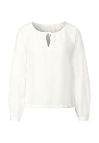 Hvid langærmet bluse med rund hals, der har en front nøglehulåbning, lavet af letvægtsstof med en glat tekstur.