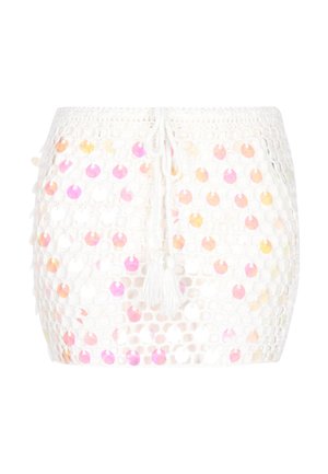 Weißer gehäkelter Überwurf mit kreisförmigen irisésierenden Pailletten in Rosa- und Gelbtönen. Verfügt über eine Kordel und Fransen an der Taille.