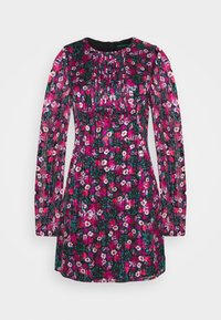 Kukkamekko pitkähihaisilla, jossa tummasta taustasta erottuu kirkkaan vaaleanpunaisia, violetteja ja valkoisia kukkia, taitettuun muotoiluun ja pyöreään kaulukseen.