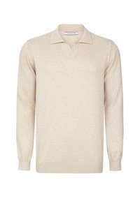 Light beige pullover sweater with a V-neck and long sleeves. Made of soft fabric featuring a smooth texture and ribbed cuffs and hem.
