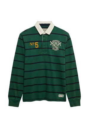 Groene poloshirt met lange mouwen en marineblauwe strepen, witte kraag, geborduurd logo en "No 5" in goud. Katoenen stof met geribbelde manchetten.