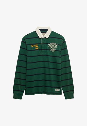 Groene poloshirt met lange mouwen en marineblauwe strepen, witte kraag, geborduurd logo en "No 5" in goud. Katoenen stof met geribbelde manchetten.