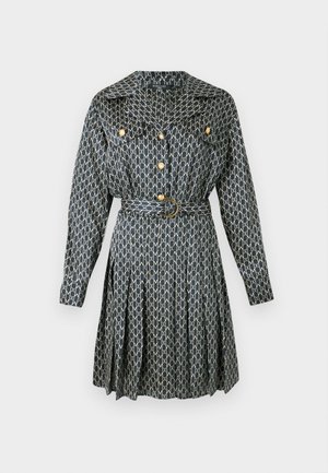 Dark blue dress with a geometric pattern in gold, featuring a collar, button front, and a belted waist. Long sleeves with pleated skirt.