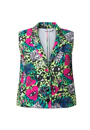 Sleeveless blazer in vibrant neon colors featuring animal and graphic prints, with contrasting black buttons and a notched collar design.