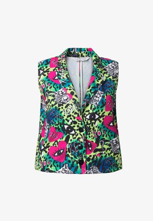 Ærmeløs blazer i livlige neontoner med dyre- og grafiske print, med kontrasterende sorte knapper og et reversdesign.