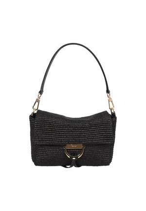 Black woven handbag with a textured finish, featuring a gold metal clasp and a short leather strap. The design is compact with rounded edges.
