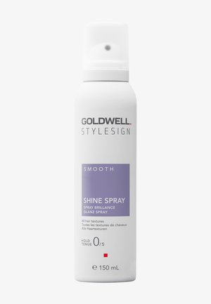 Goldwell Stylesign Smooth Shine Spray bottle, 150mL, hold level 0/5, for all hair textures, white with purple label.
