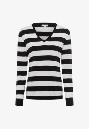 Gestreifter Pullover in Schwarz und Weiß mit V-Ausschnitt und langen Ärmeln. Hergestellt aus weichem, flexiblem Stoff mit gerippten Bündchen.