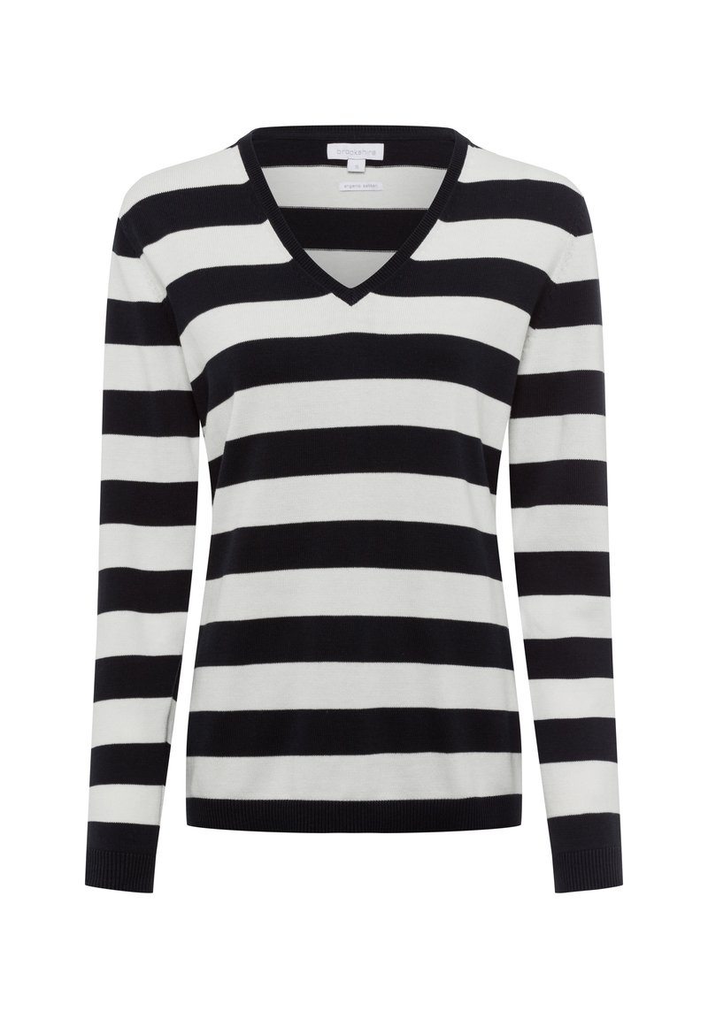 Zwart-witte gestreepte sweater met een V-hals en lange mouwen. Gemaakt van zacht, flexibel materiaal met geribbelde manchetten.