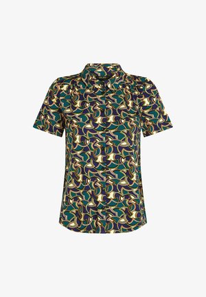 Camisa de manga corta en un tejido azul-verde con un vibrante patrón abstracto multicolor que presenta formas curvas y un cuello.