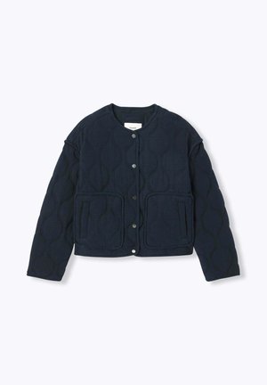 Veste matelassée bleu marine avec boutons-pression, encolure ronde, manches longues et deux grandes poches avant.