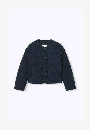 Veste matelassée bleu marine avec boutons-pression, encolure ronde, manches longues et deux grandes poches avant.