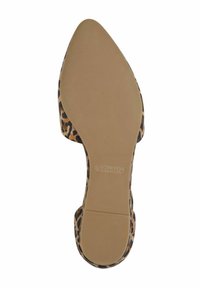 Sole of a leopard print high-heeled shoe with a textured pattern, pointed toe design, and durable rubber material. Brand logo is visible.