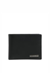 Cartera de cuero negro con una textura suave, forma rectangular y un acento de logo metálico. Presenta bordes limpios y un diseño simple.