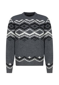 Grauer Strickpullover mit Rundhalsausschnitt, der ein geometrisches Muster in Weiß und Schwarz aufweist, sowie gerippte Bündchen und Saum. Weiche Textur.
