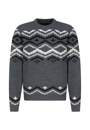 Gray knitted sweater with a round neck, featuring a geometric pattern in white and black, and ribbed cuffs and hem. Soft texture.
