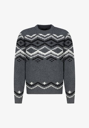 Gray knitted sweater with a round neck, featuring a geometric pattern in white and black, and ribbed cuffs and hem. Soft texture.