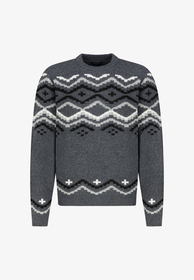 Grauer Strickpullover mit Rundhalsausschnitt, der ein geometrisches Muster in Weiß und Schwarz aufweist, sowie gerippte Bündchen und Saum. Weiche Textur.