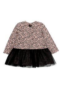Langärmliges Kleid mit Oberteil im rosa Leopardenmuster und schwarzem Tüllrock. Rundhalsausschnitt, weicher Stoff und geraffte Taillenbetonung.