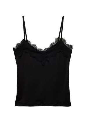 Mustat cami-topit, joissa on pitsireunus kaula-aukossa ja helman kohdalla. Siinä on ohuet säädettävät olkaimet ja sileä tekstiili.