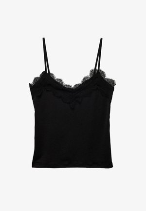 Zwarte top met kant aan de halslijn en zoom. Het heeft dunne verstelbare bandjes en een soepele, fijne stof.