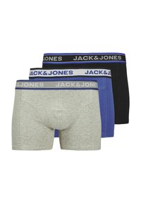 Drei Paar JACK & JONES Boxershorts in Grau, Blau und Schwarz. Jedes Paar hat einen kontrastierenden Bund mit dem Markenlogo und dezenten Stickdetails.