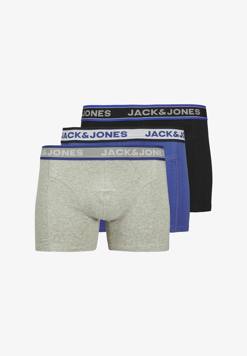 Trois paires de boxers JACK & JONES en gris, bleu et noir. Chacune a un ceinture contrastante avec le logo de la marque et des détails de couture subtils.