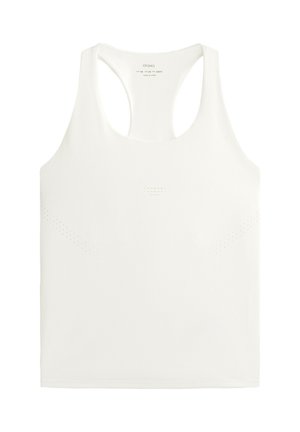Canotta bianca senza maniche realizzata in tessuto elasticizzato. Presenta un collo a barchetta, armhole arrotondati e dettagli perforati discreti sui lati.