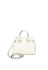 Borsa a tracolla bianca in ecopelle con manici superiori, tracolla removibile, ferramenta dorata, logo inciso e forma rettangolare.