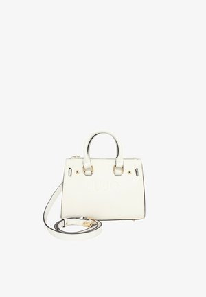 Borsa a tracolla bianca in ecopelle con manici superiori, tracolla removibile, ferramenta dorata, logo inciso e forma rettangolare.