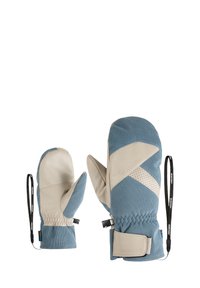 Blaue und beige Fäustlinge aus einem strukturierten Stoff mit einer wasserdichten Schicht, elastischen Bündchen und Handgelenkriemen für einen sicheren Sitz.