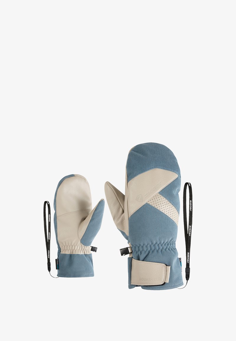 Blaue und beige Fäustlinge aus einem strukturierten Stoff mit einer wasserdichten Schicht, elastischen Bündchen und Handgelenkriemen für einen sicheren Sitz.