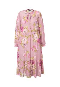 Rosa Langarmkleid mit Blumenmuster, gerafftem Ausschnitt und Volant-Saum. Hergestellt aus leichtem Stoff in lila und grünen Farbtönen.