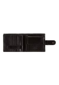 Black leather wallet with a smooth texture, multiple card slots, a small pocket, and a snap closure. Interior features minimal branding.
